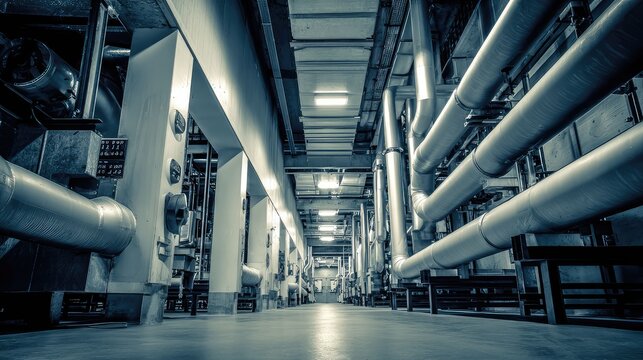 Large industrial network of steel pipes, columns and machinery forming a complex energy production and distribution system inside a modern power plant facility, cold and utilitarian