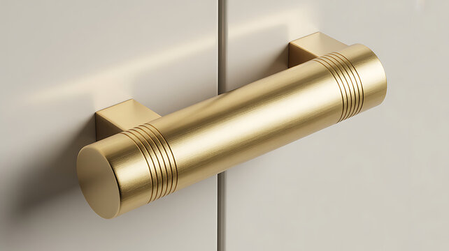 This textured brass cylindrical pull handle provides a contemporary accent for modern kitchen cabinets and sophisticated furniture pieces.