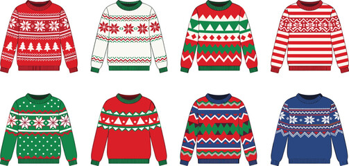 Colorful Christmas ugly sweater collection with festive patterns snowflakes reindeer trees and geometric ornaments vector illustration set for winter holiday season. © Aminul