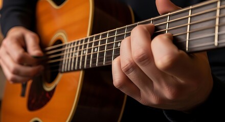 Obraz premium Close Up Hands Playing Acoustic Guitar in Warm Indoor Light