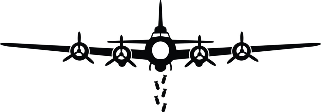 A large bomber airplane drops bombs while flying overhead in the sky