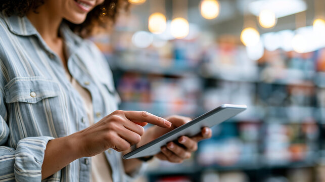 Hands of young businesswoman positive and holding tablet in bright automotive hardware store professional customer service in clean contemporary retail environment with organized
