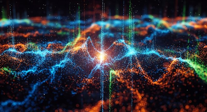 Glowing blue and orange digital waveform with bright light pulse