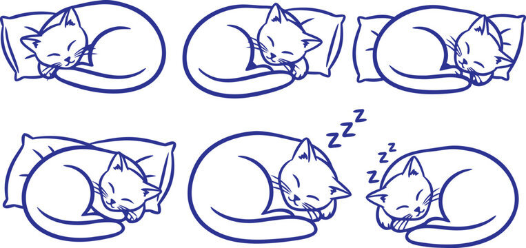 Sleeping cat in different positions on pillow