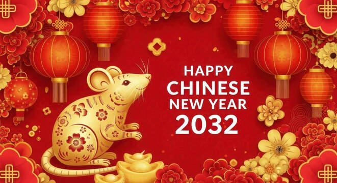 Happy chinese new year 2032 celebration with golden rat and lanterns illustration