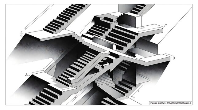 Impossible stairs drawing showing an optical illusion with concrete steps and geometric structure in an architectural sketch style on paper