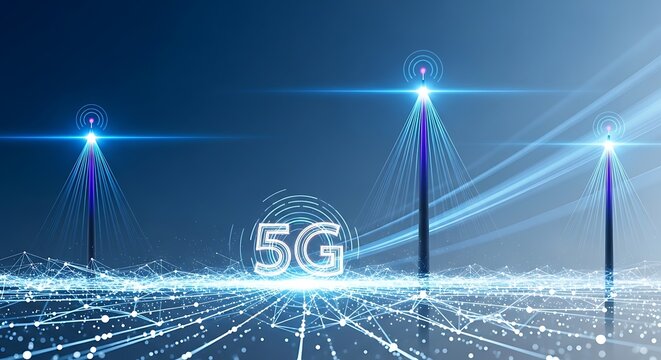 5 g network towers with glowing blue lights and digital connections