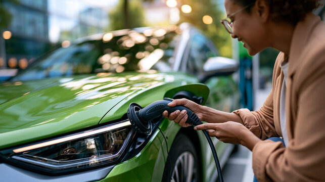 Electric car charging at fast charging station in bright outdoor contemporary environment person connecting bright green vehicle to high power charger with systematic approach