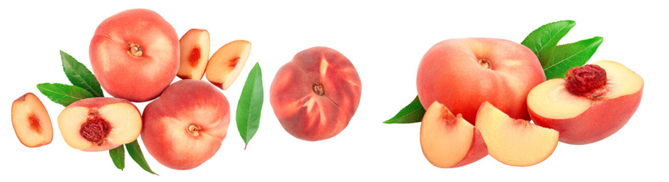 Ripe chinese flat peach fruit and half with leaf isolated on white background. Top view. Flat lay