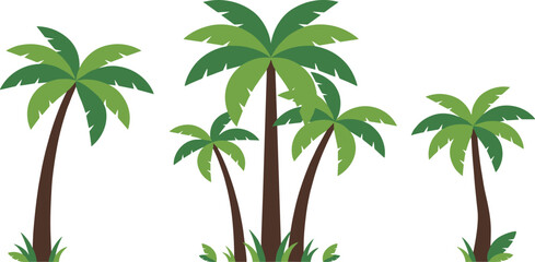 Set of flat design tropical palm trees with green leaves and brown trunks isolated on white background © MST HASMOTARA