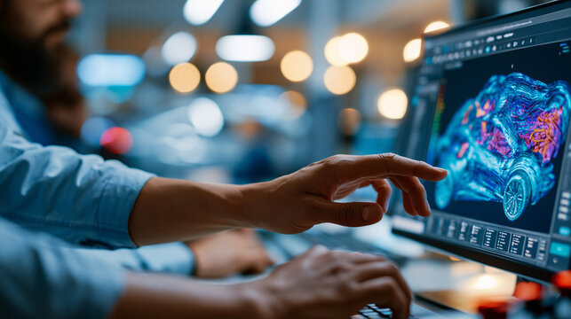 Hands of automotive engineer evaluating digital 3D stress simulation on bright computer display cutting edge FEA technology with comprehensive structural analysis and organized