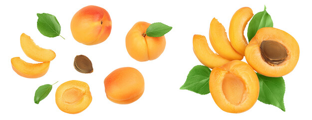 apricot fruit with half and slices isolated on white background. Clipping path. Top view. Flat lay