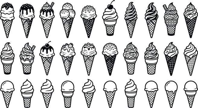 Ice Cream Cone Dessert Icon Set with Soft Serve Gelato and Sweet Frozen Treat Vector Collection