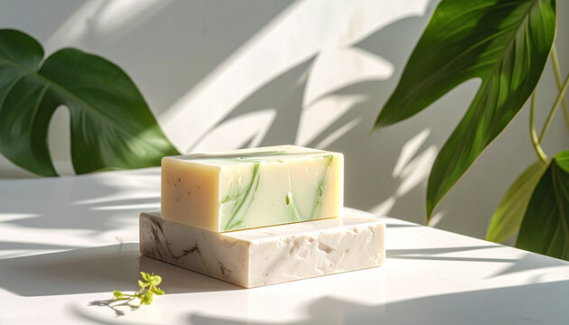 Natural soap bar on stone pedestal