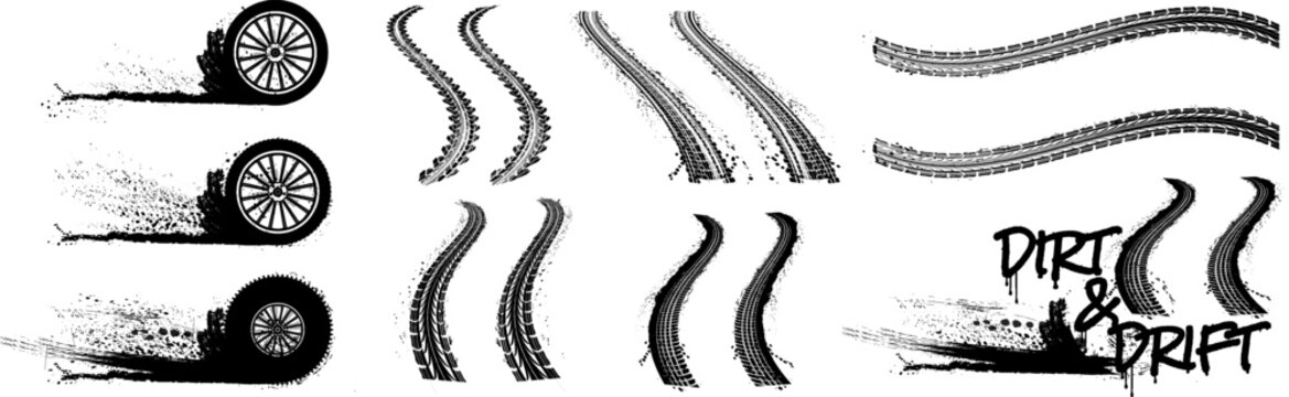 Grunge tire tracks vector set. Dirty wheel prints, skid marks and car drift elements collection isolated on white background