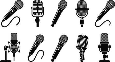 Detailed Microphone Icon Set with Professional Studio Condenser Mics, Vintage Vocal Microphones, and Handheld Dynamic Mics for Podcasts, Audio Recording, and Music Production © Fahim