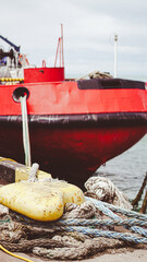 Fototapeta premium weathered mooring ropes and knots on a pier, with a large red industrial ship docked in the background
