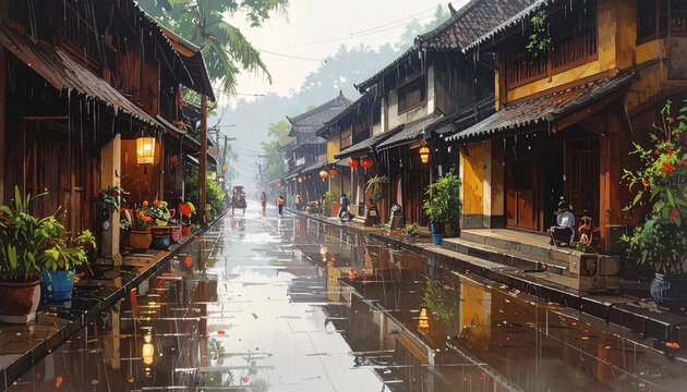 Traditional street scene with reflections