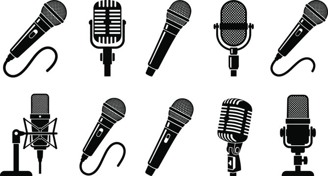 Detailed Microphone Icon Set with Professional Studio Condenser Mics, Vintage Vocal Microphones, and Handheld Dynamic Mics for Podcasts, Audio Recording, and Music Production
