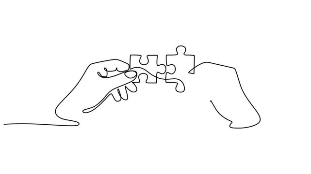 Self drawing animation of continuous line one hand passing a puzzle piece to another hand, Self drawing line animation hands solving puzzle continuous line drawn concept, People Unite Puzzle Pieces.