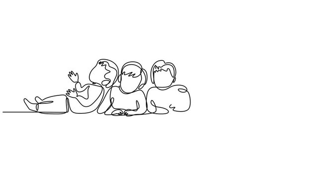 group of children lying on the floor animation continuous one line drawing, continuous line of group of children lying on the floor.one line drawing of children of various races, Animated self drawing