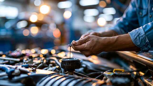 Hands of mechanic checking engine oil level with dipstick in bright professional auto workshop routine car maintenance procedure with organized tools and clean engine