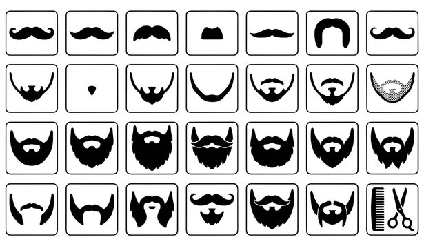 Facial hair icon set with various beard styles mustaches goatees grooming tools scissors and comb for men fashion and barbershop