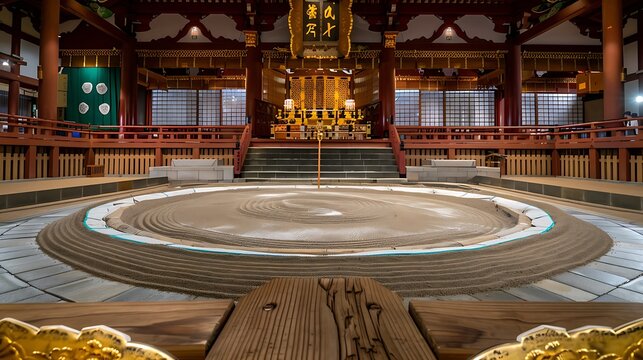 Traditional sumo wrestling ring made of sand located inside a beautiful historic wooden temple hall in japan showcasing cultural heritage and unique martial arts sport architecture
