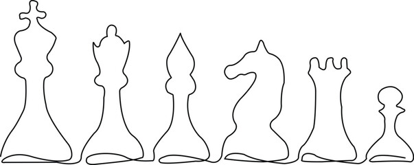 Six chess pieces king queen bishop knight rook pawn outlined in black game strategy © MstShamima