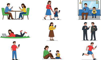 Fototapeta premium Family and Individual Lifestyle Vector Set Featuring People Using Mobile Phones, Walking, Sitting, and Running for Modern Communication, Daily Life, and Family Illustrations.