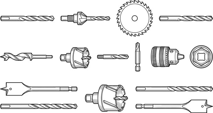 Power Drill Bit and Cutting Tool Vector Set with Industrial Construction Equipment Line Art Collectionds