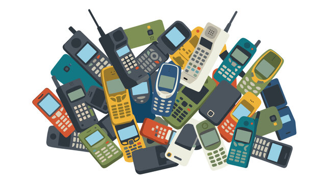 A large, dense assortment of various vintage mobile phones featuring physical keypads and extendable antennas is heaped together on a clean white background.