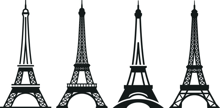 Eiffel Tower Silhouette Vector Collection Featuring Varied Paris France Landmark Icons for Tourism Branding, Travel Agency Logos, European Vacation Graphics, and Souvenir Designs