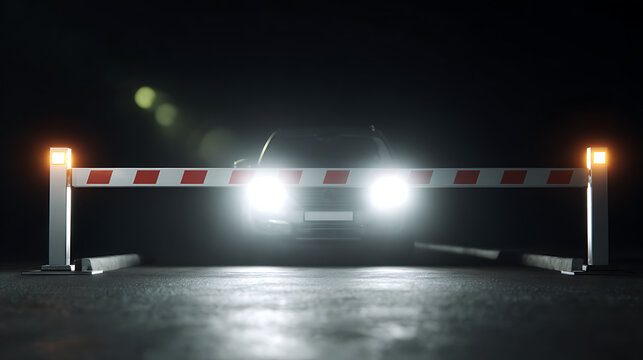 Vehicle Headlights Shine Brightly Behind a Closed Barrier Gate, Symbolizing Restriction, Access Control, or an Important Entry Point at Night