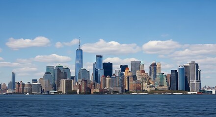 Obraz premium A scenic waterfront view of a diverse city skyline under a clear blue, lightly clouded sky