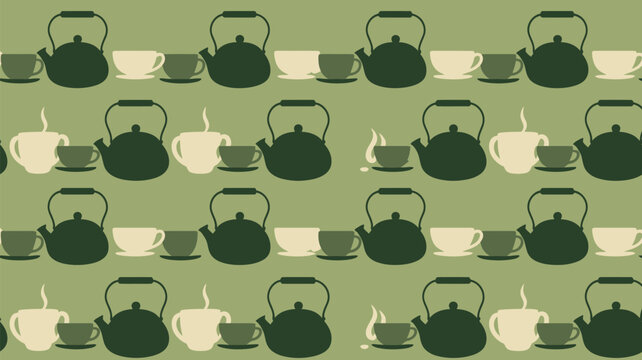 Tea set collection with kettles and cups arranged on green background
