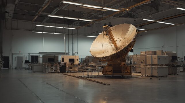Large parabolic antenna receiving a signal or transmitting data inside a modern industrial facility for testing and engineering of communication technology