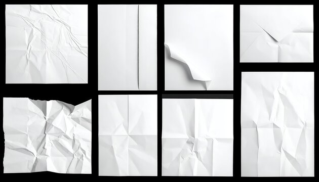 Variety of crumpled, folded, and torn blank white paper on a black backdrop