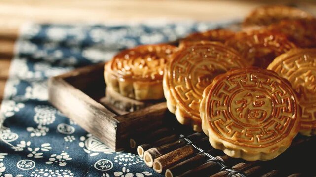 Traditional Chinese Mooncakes on Wooden Tray