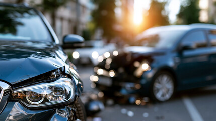Naklejka premium Crashed vehicles with visible damage showing collision aftermath in bright outdoor environment car accident insurance claim concept with systematic damage assessment and
