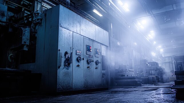 Industrial old machinery control panel with illuminated buttons and gauges operating in a large, dimly lit manufacturing factory with diffuse light and a foggy atmosphere