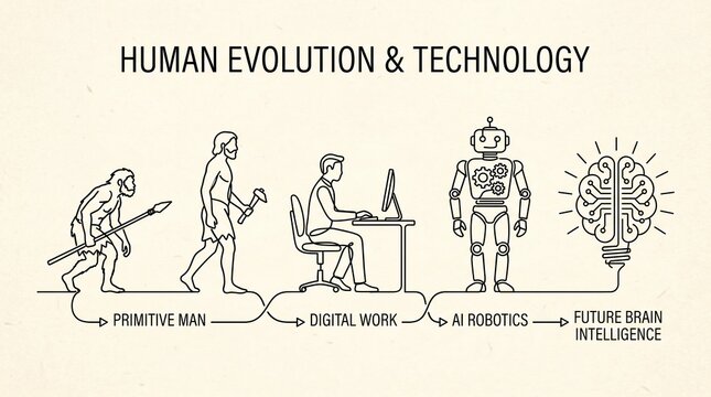 Icons showing technology evolution: primitive man, digital work, AI robotics, future brain intelligence, symbolizing innovation, progress, and human‑machine integration.