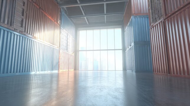 Shipping containers neatly arranged inside a spacious, bright warehouse with polished concrete floors and a glass wall revealing a modern cityscape, symbolizing global trade and development