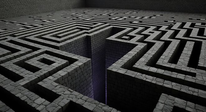 A stone maze with a deep central chasm, challenging perspective and hinting at mystery