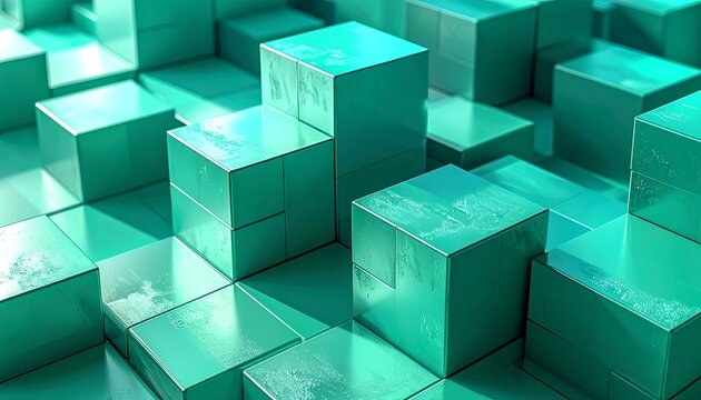 Abstract green blocks form a geometric cityscape, bathed in soft light