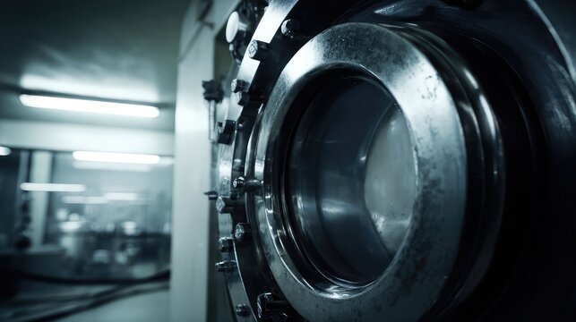 Industrial washing machine drum rotating inside a laundry or textile manufacturing facility, highlighting cleanliness, efficiency, and heavy duty machinery