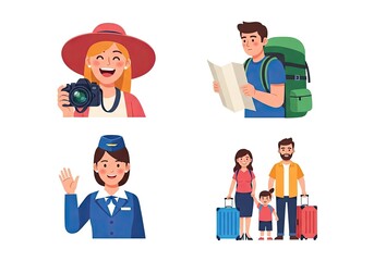 Fototapeta premium Travel characters collection featuring family backpacker and flight attendant