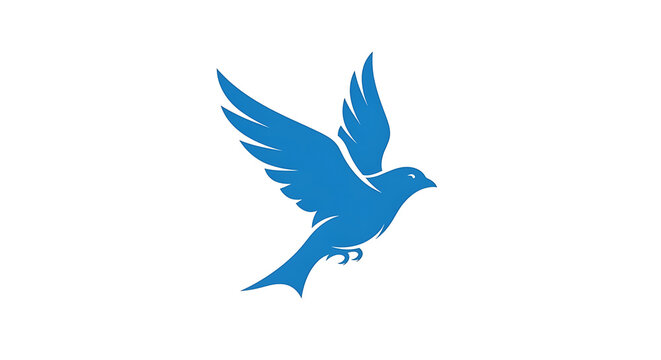 Blue bird silhouette in flight against white background, wings beak