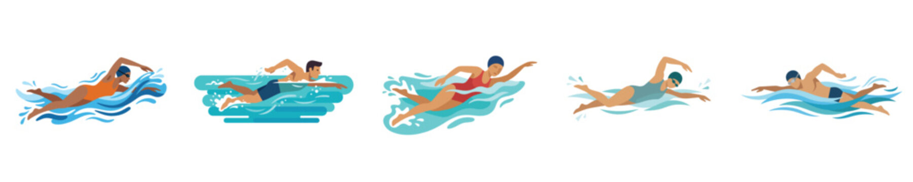 Flat vector illustration of a person swimming in a simplified style, clean minimal representation, no outline, white background