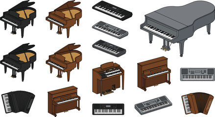 Set of Musical Instruments with Grand Pianos, Electric Keyboards, and Digital Pianos for Music Lovers and Designers © MdTobarak